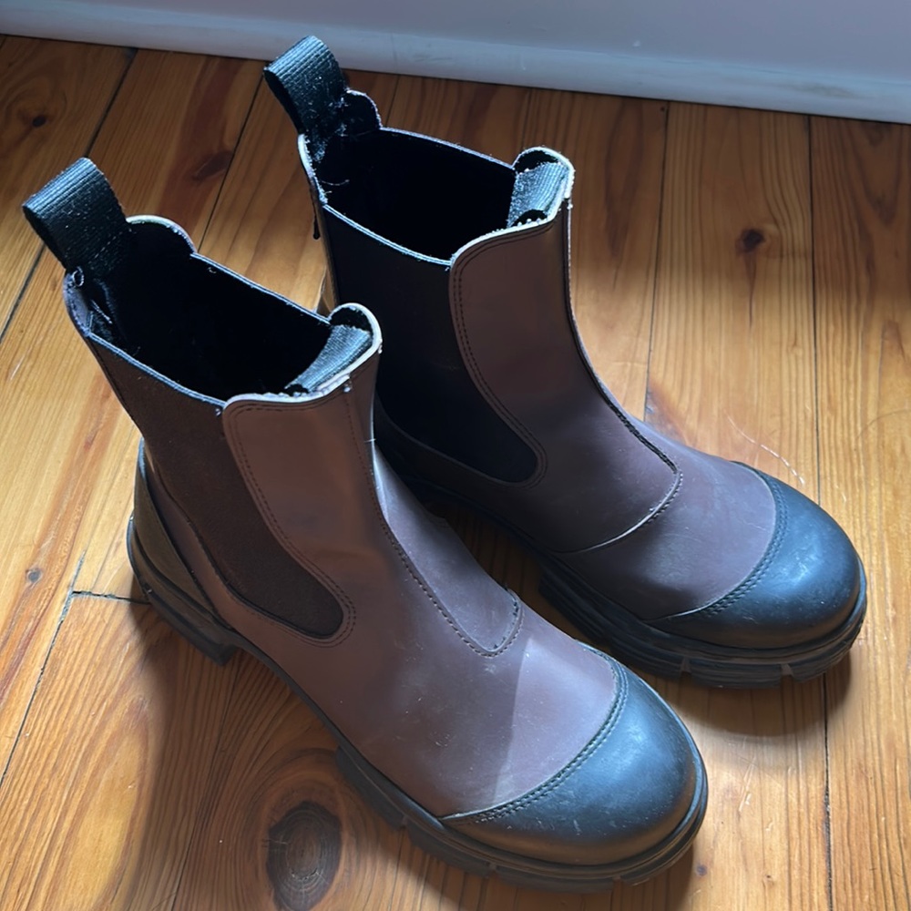 Ganni Brown & Black Recycled Rubber Lugged Sole Boots